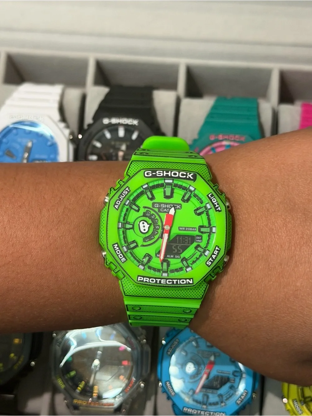 G-Shock Bright Green Analog-Digital Watch with Red Hand